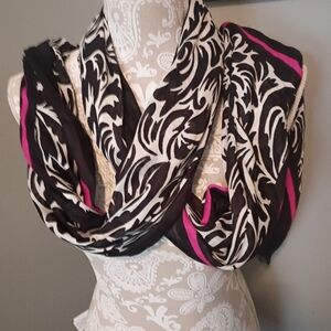 Kate Spade black & ivory damask scarf with magenta border Flourish Swirl Oblong